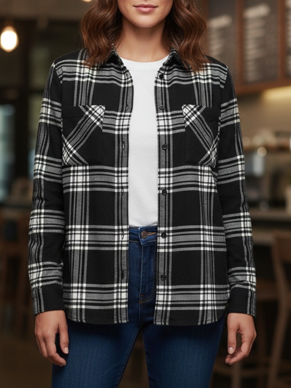 NWT Pendleton Black & White Plaid Button-Down Shirt 100%wool